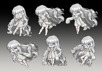 &gt;_&lt; 1girl bare_legs blue_eyes closed_mouth eyepatch fan_zhongli_cangshu library_of_ruina lin_bingxue long_hair long_sleeves medical_eyepatch original panties project_moon shirt single_off_shoulder sprite_sheet underwear very_long_hair white_hair white_panties white_shirt