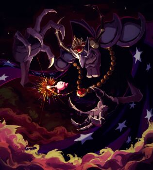 2021 armor cape cleft_chin frown furrowed_brow grin highres jewelry kirby kirby&#039;s_adventure kirby_(series) necklace nightmare_(kirby) nintendo pointy_nose shine shoulder_armor size_difference skeletal_hand smile smoke sparks star_(sky) star_(symbol) star_rod sunglasses suyasuyabi
