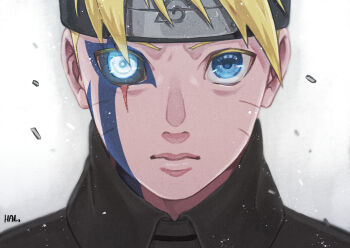 1boy black_headband black_sclera blonde_hair blue_eyes boruto:_naruto_next_generations close-up colored_sclera commentary_request expressionless facial_mark forehead_protector hal_(sakurajam) headband heterochromia highres konohagakure_symbol male_focus mismatched_sclera naruto_(series) portrait scar scar_across_eye scar_on_face signature solo uzumaki_boruto whisker_markings white_eyes