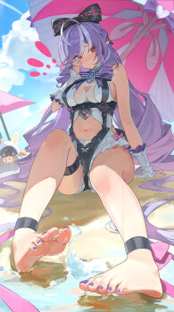 ! !! 1girl absurdres ahoge ankle_bow ankle_ribbon ankle_strap arm_at_side bandana bandana_around_neck bangboo_(zenless_zone_zero) bare_legs bare_shoulders barefoot beach_umbrella binoculars black_bow black_bowtie black_one-piece_swimsuit blue_sky blush bow bowtie breasts casual_one-piece_swimsuit cleavage cleavage_cutout closed_mouth clothing_cutout cloud commentary_request cross-laced_clothes cross-laced_cutout day detached_sleeves drill_hair drill_sidelocks eous_(zenless_zone_zero) feet fingernails foot_focus frilled_one-piece_swimsuit frills full_body hair_between_eyes hair_bow hand_on_own_cheek hand_on_own_face hand_up heart_cutout highres holding holding_binoculars holding_own_hair knee_up long_hair looking_at_viewer low_twintails medium_breasts migiuth0618 mole mole_under_eye multicolored_hair nail_polish navel nose_blush official_alternate_costume on_ground one-piece_swimsuit orange_bandana outdoors parasol pink_bow pink_ribbon pointy_ears purple_hair purple_nails red_eyes ribbon sand shade short_sleeves side_cutout sideboob sidelocks sitting sky soles solo splashing stomach stomach_cutout streaked_hair striped_bow striped_bowtie striped_clothes swimsuit thigh_strap toenail_polish toenails toes twin_drills twintails two-tone_one-piece_swimsuit umbrella very_long_hair vivian_banshee vivian_banshee_(iris_of_the_shore) water wet white_one-piece_swimsuit white_streaks zenless_zone_zero