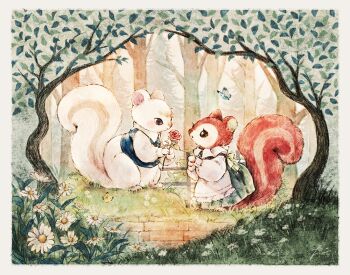 Rule 34 | 1boy, 1girl, animal, animal crossing, black eyes, bouquet, bug, butterfly, clothed animal, commentary, day, dress, flower, grass, hetero, holding, holding bouquet, insect, long sleeves, marshal (animal crossing), nintendo, outdoors, poppy (animal crossing), squirrel, untranslatable commentary, tree, vest, zzzpani