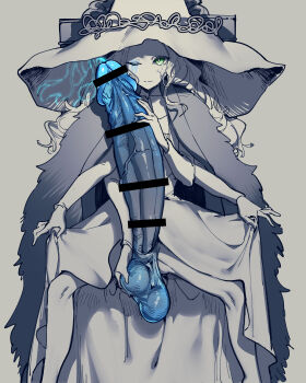 1futa absurdres bar_censor censored clothes_grab dress elden_ring erection expressionless extra_arms fromsoftware futanari green_eyes grey_background hat highres huge_penis large_testicles long_hair looking_at_viewer mirin_chikuwa one_eye_closed penis ranni_the_witch smile solo spread_legs testicle_grab testicles veins veiny_penis witch witch_hat