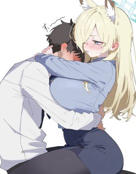 1boy 1girl absurdres animal_ears black_pantyhose blonde_hair blue_archive blue_eyes blue_halo blue_shirt blue_skirt blush breasts collared_shirt commentary_request couple hair_over_one_eye halo hetero highres hug huge_breasts kanna_(blue_archive) long_hair long_sleeves looking_at_another pantyhose sensei_(blue_archive) shirt simple_background skirt white_background wolf_ears wolf_girl yue3621