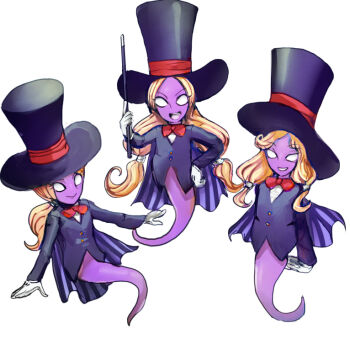 3girls blonde_hair bow bowtie byte_(grunty-hag1) colored_skin commentary_request ghost_girl ghost_tail ginny_(luigi&#039;s_mansion) gloves hand_on_own_hip hat holding holding_wand lindsey_(luigi&#039;s_mansion) looking_at_viewer luigi&#039;s_mansion luigi&#039;s_mansion_3 mario_(series) multiple_girls nikki_(luigi&#039;s_mansion) nintendo no_pupils open_mouth ponytail purple_skin red_bow red_bowtie short_twintails simple_background top_hat triplets twintails wand white_background white_eyes white_gloves