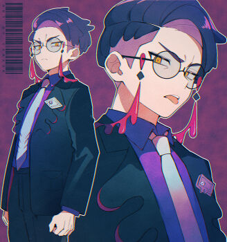 1boy black-framed_eyewear black_hair black_jacket black_pants collared_shirt commentary_request corbeau_(pokemon) cxaxuk glasses highres jacket long_sleeves looking_at_viewer male_focus multiple_views necktie nintendo open_clothes open_jacket outline pants pokemon pokemon_legends:_z-a purple_background purple_shirt round_eyewear shirt short_hair teeth tongue tongue_out upper_teeth_only yellow_eyes