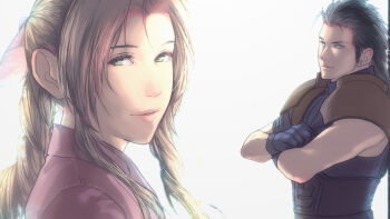 1boy 1girl aerith_gainsborough armor belt black_gloves black_hair black_shirt blue_eyes braid braided_ponytail brown_belt brown_hair crossed_arms earrings final_fantasy final_fantasy_vii final_fantasy_vii:_advent_children gloves green_eyes hair_ribbon hair_slicked_back jacket jewelry light_smile long_hair looking_at_viewer medium_hair parted_bangs pauldrons pink_ribbon red_jacket ribbon shirt shoulder_armor sideburns sidelocks single_braid single_earring sleeveless sleeveless_shirt t3_(19841230) white_background zack_fair