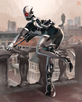 1girl apartment aperture_science_advanced_knee_replacement ass bent_back bent_over bodysuit building city combine_assassin cyborg day full_body half-life_(series) helmet highres lart173 looking_at_viewer looking_back one-eyed railing red_eyes skin_tight solo standing standing_on_one_leg