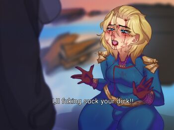 2girls begging billy_butcher bleeding blonde_hair blood blood_from_forehead blood_from_mouth blood_on_face blue_bodysuit blue_eyes bodysuit breasts commentary covered_erect_nipples covered_penis defeat english_commentary english_text from_above futanari genderswap genderswap_(mtf) highres homelander medium_breasts meme multiple_girls nosebleed open_mouth parody ryona scene_reference short_hair sitting solo_focus superhero_costume tears the_boys thick_thighs thighs tongue wariza yawuart