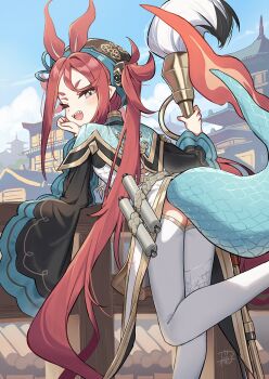 1girl absurdly_long_hair antenna_hair aqua_shrug architecture black_sleeves blue_sky calligraphy_brush chinese_clothes chixia_(stella_sora) dragon_girl dragon_tail dress east_asian_architecture from_behind hair_between_eyes hashtag-only_commentary highres leaning_forward long_hair long_sleeves one_eye_closed open_mouth outdoors oversized_object pagoda paintbrush pantyhose railing red_hair scroll sharp_teeth shrug_(clothing) sky smile solo standing standing_on_one_leg stella_sora tail teeth twintails v-shaped_eyebrows very_long_hair wagashi928 white_dress white_pantyhose wide_sleeves wooden_railing