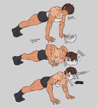 1girl absurdres artist_name black_shorts black_socks breasts brown_hair cat cleavage dated exercising frown glasses highres large_breasts looking_at_another muffled muscular muscular_female norutheze original push-ups round_eyewear short_hair shorts signature simple_background socks solo sweat tan tank_top white_cat