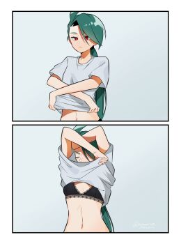 1girl ahoge alternate_costume androgynous asymmetrical_bangs black_bra bra breasts bright_pupils closed_eyes clothes_lift flat_chest genjitsu_o_miro green_hair grey_shirt highres long_hair nintendo pokemon pokemon_sv ponytail red_eyes reverse_trap rika_(pokemon) shirt short_sleeves underwear undressing white_pupils