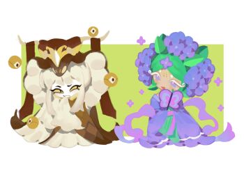 Rule 34 | 1girl, 1other, absurdres, androgynous, chinese clothes, cookie run, flower, hair flower, hair ornament, highres, hydrangea cookie, la bo chu shi, long hair, looking at another, sleeves past wrists, slit pupils, snake fruit cookie, very long hair, white hair, yellow eyes