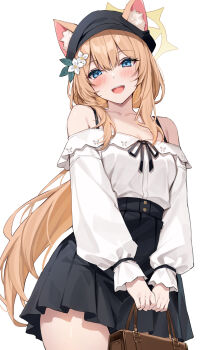 1girl :d animal_ear_fluff animal_ears bag black_skirt blue_archive blue_eyes blush bra_strap breasts brown_bag brown_hair cleavage collarbone commentary_request flower hair_flower hair_ornament halo handbag highres holding holding_bag long_hair looking_at_viewer mari_(blue_archive) off-shoulder_shirt off_shoulder open_mouth pleated_skirt shirt shirt_tucked_in simple_background skirt smile standing very_long_hair white_background white_shirt xe_(execut3r) yellow_halo