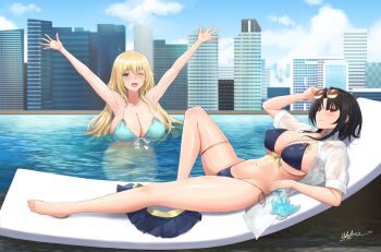 2girls alternate_costume arms_up atago_(kancolle) bikini black_hair blonde_hair blue_bikini blush breasts commentary_request green_eyes highres kantai_collection large_breasts long_hair looking_at_viewer multiple_girls odachu one_eye_closed open_mouth outdoors pool poolside red_eyes rooftop short_hair side-tie_bikini_bottom signature smile sunglasses swimsuit takao_(kancolle) water