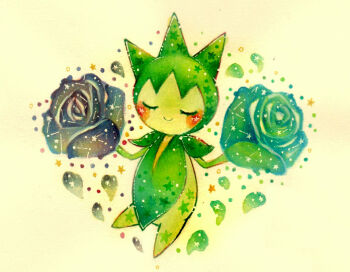 black_flower black_rose blue_flower blue_rose blush closed_eyes closed_mouth commentary_request constellation flower full_body gen_3_pokemon green_flower green_rose multicolored_flower multicolored_rose nintendo no_humans painting_(medium) petals pokemon pokemon_(creature) rose roselia_(pokemon) simple_background smile traditional_media watercolor_(medium) yukichi_0611