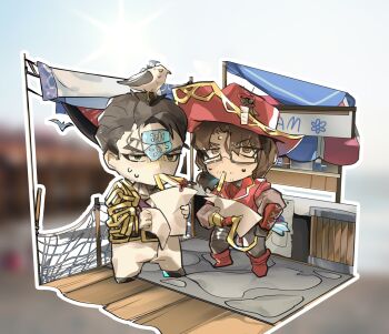 2boys bandage_on_forehead beard_stubble bird black_eyes black_hair black_pants black_shoes boots brown_eyes brown_hair bug chain chibi chibi_only cockroach eat facial_hair full_body gold_chain gold_trim gregor's_cockroach_(project_moon) gregor_(project_moon) hair_between_eyes hand_on_own_hip hat highres holding holding_paper hook_hand insect jacket limbus_company looking_at_viewer medium_hair meursault_(project_moon) multiple_boys pants paper pirate_hat project_moon rectangular_eyewear red_boots red_hat red_jacket seagull semi-rimless_eyewear shoes shoggoth_(sirens20211) short_hair standing stubble sweatdrop twinhook_pirates_(identity)_(project_moon) white_pants