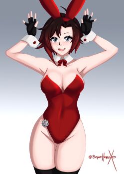 1girl absurdres animal_ears black_hair breasts detached_collar fake_animal_ears gradient_hair grey_eyes highres leotard looking_at_viewer multicolored_hair open_mouth playboy_bunny rabbit_ears rabbit_tail red_hair red_leotard ruby_rose rwby short_hair smile solo sonicheroxd strapless strapless_leotard tail thick_thighs thighs wrist_cuffs