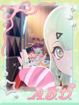 Rule 34 | 3girls, absurdres, angel wings, arm warmers, asymmetrical bangs, back, black hair, chinatsu remiel, dress, gradient eyes, green eyes, green hair, hair ornament, hairpin, halo, heart, highres, long hair, looking at viewer, multicolored eyes, multicolored hair, multiple girls, nail polish, official art, pink hair, pink nails, quad tails, ribbon, rokudu sariel, scar, scar on back, sparkling eyes, star (symbol), striped arm warmers, twintails, white dress, wings, yellow ribbon, yutane johiel, zenless zone zero