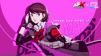1girl absurdres all-out_attack archery_shooting_glove armband arrow_(projectile) atlus black_gloves black_jacket bow bow_(weapon) bowtie brown_hair cardigan cardigan_under_jacket choker collared_shirt company_name copyright_name earrings english_text flipped_hair gekkoukan_high_school_uniform gloves gradient_background heart heart_choker highres holding holding_arrow holding_bow_(weapon) holding_weapon hood hooded_jacket jacket jewelry lips long_sleeves looking_at_viewer loose_bowtie official_art official_wallpaper open_clothes open_jacket partially_fingerless_gloves partly_fingerless_gloves persona persona_3 persona_3_reload persona_5 persona_5:_the_phantom_x piercing pink_background pink_cardigan pink_eyes pink_lips pink_theme quiver red_armband red_bow red_bowtie ribbed_cardigan s.e.e.s school_uniform sega shimada_azusa shirt short_hair single_glove smile solo stud_earrings takeba_yukari third-party_source upper_body weapon white_choker white_shirt wing_collar yugake