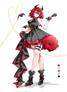 1girl black_dress crossed_legs dress full_body horns mavros_15rs medium_hair microphone original pointy_ears red_eyes red_hair solo standing thigh_strap