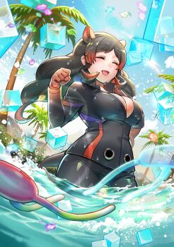 1girl animal_ears black_hair breasts cellien_(kemono_friends) cleavage closed_eyes extra_ears gloves gradient_hair hippopotamus_(kemono_friends) hippopotamus_ears kemono_friends kemono_friends_3 large_breasts leather_suit long_hair looking_at_viewer multicolored_hair official_art open_mouth palm_tree red_hair sandstar tree water
