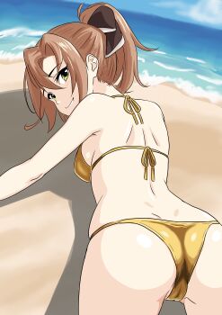 1girl absurdres akigumo_(kancolle) akigumo_kai_ni_(kancolle) all_fours ass beach bikini blue_sky bone_namu_(namu49850) brown_hair cloud cowboy_shot day gold_bikini green_eyes hair_ribbon highres horizon kantai_collection long_hair looking_at_viewer looking_back ocean outdoors ponytail ribbon sky solo swimsuit