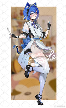 animal_ears apron black_gloves blue_eyeshadow blue_hair blue_nails blue_tail blue_thighhighs blush bow bowtie cat_ears cat_tail eyeshadow fingernails glasses gloves highres holding holding_spoon kuook leg_up looking_at_viewer makeup mary_janes multicolored_thighhighs open_mouth original penis shoes short_hair skirt smile spoon standing standing_on_one_leg tail thick_thighs thighhighs thighs trap underwear white_apron