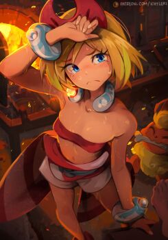 1girl armpits blonde_hair blouse blue_eyes blush bone closed_eyes flareon frown gen_1_pokemon highres irida_(pokemon) khyle. medium_hair nervous_sweating nintendo pokemon pokemon_(creature) pokemon_legends:_arceus red_shirt shirt shorts solo sweat