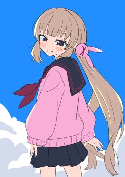 1girl absurdres arms_at_sides black_sailor_collar black_skirt blue_sky brown_hair cardigan closed_mouth cloud commentary_request cowboy_shot fang from_behind hair_ornament highres kokoro_(fried_hokekyo) long_hair long_sleeves looking_at_another looking_at_viewer looking_back low_twintails natori_sana natori_sana_(school_uniform) neckerchief pink_cardigan pleated_skirt rabbit_hair_ornament red_eyes red_neckerchief sailor_collar sana_channel school_uniform skirt sky smile solo standing twintails v virtual_youtuber