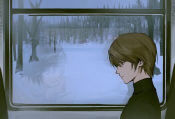 2boys bare_tree black_hair black_shirt brown_hair closed_mouth death_note frown gamppan9 hand_on_own_face highres l_(death_note) male_focus multiple_boys profile reflection shirt sitting snow tree turtleneck yagami_light