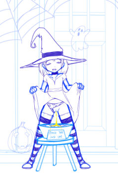 1girl absurdres apple bowl closed_eyes clothes_lift clothing_aside collarbone dress dress_lift food fruit ghost halloween hat highres jack-o&#039;-lantern moderately_ashamed_(pixiv15714645) monochrome open_mouth panties panties_aside peeing peeing_in_bowl print_panties pumpkin pussy shoes short_hair short_sleeves sign silk smile spider_web standing stool striped_clothes striped_thighhighs teeth thighhighs uncensored underwear white_panties window witch witch_hat