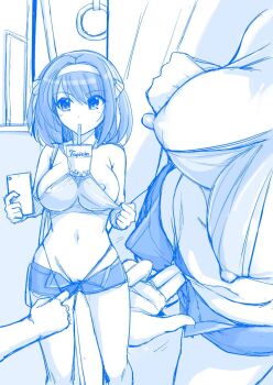 1girl blue_theme breasts bubble_tea bubble_tea_challenge cellphone chikan commentary_request covered_erect_nipples cup disposable_cup drinking drinking_straw fingering fingering_through_clothes fingering_through_panties flashing hair_ribbon hairband haruhisky highres inset large_breasts molestation monochrome no_bra object_on_breast open_fly oppai_challenge panties panty_pull phone pulling_another&#039;s_clothes revealing_clothes ribbon see-through_clothes short_hair short_shorts shorts smartphone solo_focus suzumiya_haruhi suzumiya_haruhi_no_yuuutsu through_clothes train_interior underwear