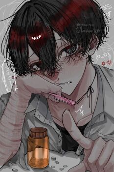 1boy @_@ aegyo_sal black_eyes black_hair black_sweater commentary commentary_request double-parted_bangs drugs eyebrow_razor fang hair_between_eyes half-closed_eyes hand_on_own_face highres holding_razor_blade hosikage4040 male_focus original pill_bottle pointing pointing_at_viewer razor_blade self-harm shirt short_hair solo sweater symbol-only_commentary white_shirt wrist_cutting