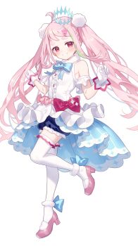 1girl absurdres ahoge blue_bow blue_bowtie blue_shorts blue_skirt blush bow bowtie commentary commission detached_sleeves footwear_bow full_body gloves grin hair_ornament hands_up high_heels highres hiraga_matsuri long_hair looking_at_viewer original pink_hair pink_shoes pom_pom_(clothes) pom_pom_hair_ornament red_eyes shirt shoes short_sleeves shorts simple_background skeb_commission skirt sleeveless sleeveless_shirt smile solo standing standing_on_one_leg thick_eyebrows thighhighs twintails white_background white_gloves white_shirt white_sleeves white_thighhighs