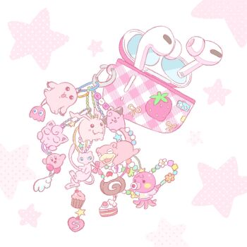 Rule 34 | animal crossing, bow, cake, cake slice, character charm, character request, charm (object), cleffa, commentary, copyright request, cupcake, earbuds, earbuds charging case, earphones, food, food charm, food print, fruit, fruit print, gen 1 pokemon, gen 2 pokemon, heart, heisei retro, highres, jigglypuff, kirby, kirby (series), legendary pokemon, marina (animal crossing), mew (pokemon), mythical pokemon, nintendo, pac-man (game), pink bow, pink theme, pinky (pac-man), pokemon, pokemon (creature), slowpoke, star (symbol), sticker, strawberry, strawberry print, summernight 12, swiss roll, symbol-only commentary, white background, wireless earphones