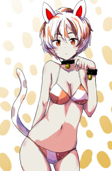 1girl animal_ears bell bikini breasts calico_(pattern) cat_ears cat_girl cat_tail choker cleavage collarbone cowboy_shot goutokuji_mike highres jack_(wkm74959) jingle_bell looking_at_viewer multicolored_tail neck_bell one-hour_drawing_challenge orange_eyes patch patchwork_clothes paw_pose short_hair small_breasts solo swimsuit tail touhou white_bikini white_hair white_tail