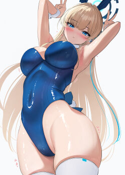 1girl absurdres animal_ears armpits arms_up blonde_hair blue_archive blue_bow blue_eyes blue_hair blue_halo blue_leotard blush bow breasts closed_mouth commentary covered_navel cowboy_shot earpiece expressionless fake_animal_ears fake_tail from_below halo highleg highleg_leotard highres imi18 large_breasts leotard long_hair looking_at_viewer multicolored_hair official_alternate_costume playboy_bunny rabbit_ears rabbit_pose rabbit_tail simple_background solo sound_effects standing strapless strapless_leotard streaked_hair tail thighhighs toki_(blue_archive) toki_(bunny)_(blue_archive) two-tone_hair white_background white_thighhighs white_wrist_cuffs wrist_cuffs