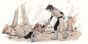 1boy 1girl after_battle black_hair black_pants black_shirt blue_boots blue_gloves blue_tunic boots border brown_hair closed_eyes crying defeat desegnajo649 dirty dirty_clothes dirty_face embers facing_another fire gloves grey_eyes hair_slicked_back hand_grab hand_on_ground harmony_(pokemon) highres injury kneeling long_sleeves looking_at_another looking_down nintendo offering_hand on_ground open_mouth outdoors pants parted_hair partially_colored paxton_(pokemon) pillar pokemon pokemon_bw pokemon_legends:_arceus ponytail reaching reaching_towards_another rubble shirt smoke streaming_tears team_plasma_grunt team_plasma_uniform tears torn_clothes torn_coat torn_shirt torn_tunic tunic white_border white_tunic