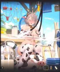 1girl animal_ears animal_print animated bell bikini blue_eyes blush bouncing_belly bouncing_breasts bouncing_thighs breasts brown_dust_(series) brown_dust_2 cameltoe cow_ears cow_girl cow_horns cow_print cow_print_bikini cow_print_gloves cow_print_thighhighs cowbell elbow_gloves gloves grey_hair heart high_heels highres horns huge_breasts looking_at_viewer milk milking_machine mole mole_on_breast navel official_art open_mouth partially_visible_vulva plump print_bikini print_gloves print_thighhighs sitting solo sound strap_pull swimsuit tagme teresse_(brown_dust) thick_thighs thighhighs thighs tongue tongue_out video wedgie wide_hips