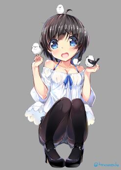 Rule 34 | 1girl, ahoge, bare shoulders, bird, bird on hand, black hair, black pantyhose, black shoes, blouse, blue eyes, blush, breasts, cameltoe, cleavage, collarbone, female focus, full body, grey background, high heels, kurozu, long-tailed tit, open mouth, original, pantyhose, pantyhose under shorts, shirt, shoes, short hair, short shorts, shorts, simple background, small breasts, solo, squatting, tit (bird), twitter username, white shirt