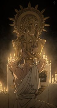 1boy arm_tattoo artist_logo artist_name back_tattoo bald candle commentary damien_v_grimm emperor_of_mankind english_commentary gold_bracer hand_tattoo highres kneeling laurel_crown laurels logo long_hair lorgar_aurelian male_focus robe statue tattoo warhammer_40k white_robe worship