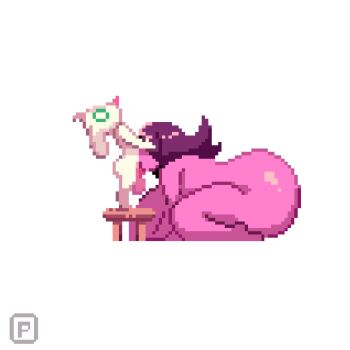 1boy 1girl ahegao breasts colored_skin completely_nude deepthroat deltarune fellatio furry furry_male furry_with_non-furry hands_on_another's_head highres huge_breasts huge_penis huge_testicles interspecies long_hair nude open_mouth oral penis pink_skin pixel_art pixzapix purple_hair ralsei sex simple_background susie_(deltarune) testicles tongue tongue_out utdr_(toby_fox) white_background white_skin