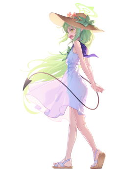 1girl :d absurdres arms_behind_back bare_arms bare_shoulders blue_archive bow brown_eyes brown_hat brown_sandals commentary_request dress eyewear_on_head from_side green_bow green_hair hair_down halo hat hat_bow highres long_hair nozomi_(blue_archive) open_mouth osisio own_hands_together pointy_ears profile red-tinted_eyewear sandals see-through_silhouette shoe_soles simple_background sleeveless sleeveless_dress smile solo star-shaped_eyewear star_(symbol) sunglasses tinted_eyewear very_long_hair white_background white_dress