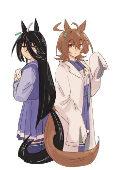 2girls absurdres agnes_tachyon_(umamusume) ahoge animal_ears black_hair bow bowtie brown_hair chemical_structure closed_mouth coat ear_tag earrings gachitamago hair_between_eyes highres horse_ears horse_girl horse_tail jewelry lab_coat long_bangs long_hair long_hair_between_eyes long_sleeves looking_at_viewer manhattan_cafe_(umamusume) medium_hair multicolored_hair multiple_girls pleated_skirt purple_sailor_collar purple_serafuku purple_shirt purple_skirt purple_thighhighs red_eyes sailor_collar sailor_shirt school_uniform serafuku shirt simple_background single_earring skirt sleeves_past_fingers sleeves_past_wrists tail thighhighs tracen_school_uniform umamusume very_long_hair white_background white_bow white_bowtie white_coat white_hair yellow_eyes