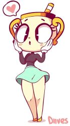 1girl 2018 animated black_eyes blue_skirt blush breasts clothes_lift cuphead:_the_delicious_last_course cuphead_(game) diives female_focus flashing gloves headgear heart highres holding holding_panties holding_underwear holding_unworn_clothes miniskirt ms._chalice navel object_head panties presenting shoes simple_background skirt skirt_lift solo solo_focus speech_bubble tagme thick_thighs thighs tongue tongue_out underwear upskirt video watermark white_background wide_hips yellow_panties