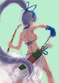 1girl absurdres archery arrow_(projectile) ass bikini breasts butt_crack character_request dark-skinned_female dark_skin dys from_behind gloves highres large_breasts legs long_hair looking_at_viewer looking_back majikina_mina parted_lips ponytail samurai_spirits sarong serious sideboob swimsuit thighs thong_bikini whale_tail_(clothing) white_bikini white_hair