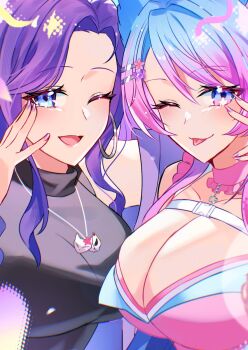 2girls animal_ear_fluff animal_ears black_shirt blue_eyes blue_hair breasts character_request cleavage commentary fingernails gradient_hair hair_ornament hairclip hand_up highres indie_virtual_youtuber jewelry large_breasts long_hair looking_at_viewer multicolored_hair multiple_girls nail_polish nano_popo02 necklace one_eye_closed open_mouth parallel_hairclips pink_hair pink_shirt purple_hair purple_nails shirt silvervale smile symbol-only_commentary tongue tongue_out upper_body virtual_youtuber wolf_ears wolf_girl