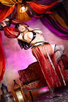 1girl asian belly belly_dancer black_hair breasts chouzuki_maryou cleavage highres large_breasts lipstick makeup photo_(medium) plump solo thick_thighs thighs underboob