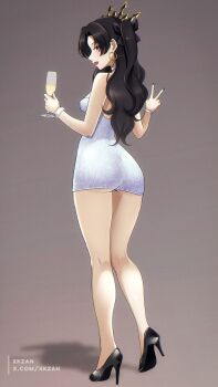 1girl absurdres alcohol alternate_costume artist_name ass ass_peek bare_shoulders black_hair black_shoes blue_choker blue_dress blue_nails blush bracelet breasts champagne champagne_flute choker commentary_request cup dress drinking_glass earrings fate/grand_order fate_(series) from_behind full_body gradient_background grey_background hands_up high_heels highres holding holding_cup hoop_earrings impossible_clothes impossible_dress ishtar_(fate) jewelry legs long_hair looking_at_viewer looking_back nail_polish open_mouth paid_reward_available profile red_eyes shoes short_dress sideways_mouth sleeveless sleeveless_dress small_breasts smile solo standing thighs tiara tight_clothes tight_dress twitter_username two_side_up v xkzan