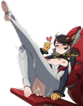 1girl absurdres artist_name black_bodysuit black_hair blush bodysuit breasts cleft_of_venus clothing_cutout commentary commission crotch_cutout cum cum_in_pussy english_commentary feet_up full_body gloves grey_bodysuit hand_up highres kagironsfw looking_at_viewer low_twintails marvel marvel_rivals mecha_pilot_suit naughty_face nipples nose_blush parted_lips peni_parker pussy short_hair sitting small_breasts solo sp//dr stirrup_footwear toes twintails twitter_username uncensored yellow_gloves
